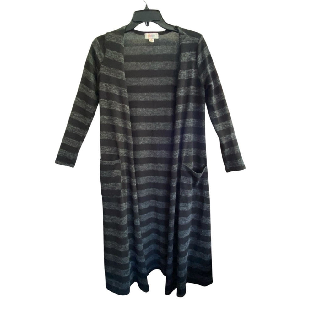 LulaRoe SARAH Long Knit Cardigan Duster Sweater Black Gray Stripes Size SMALL